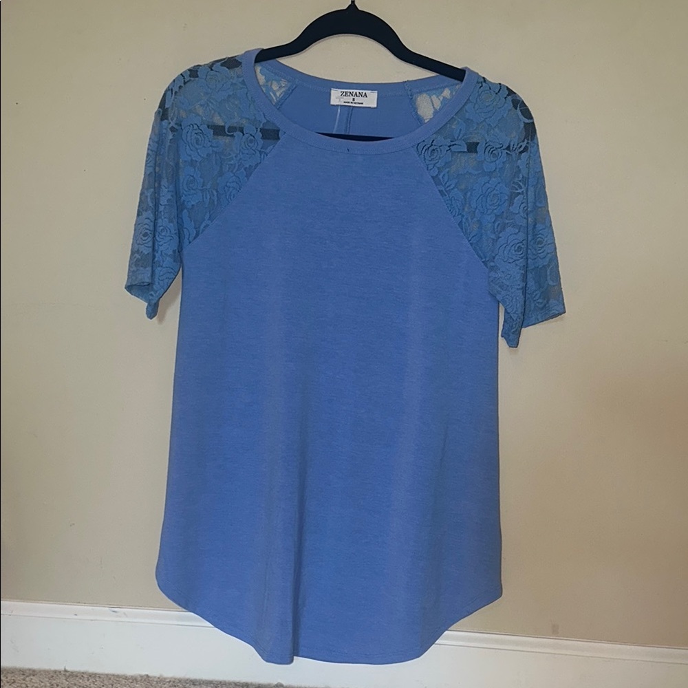 Zenana Outfitters Blue Lace Relaxed Blouse